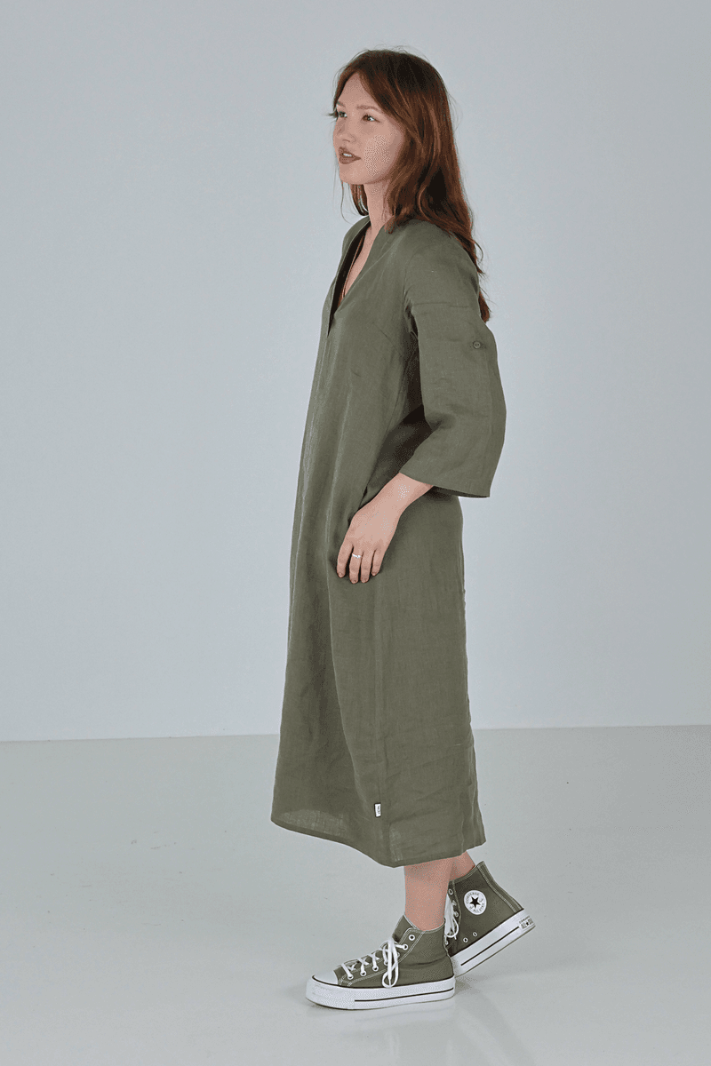 Cecilie khaki colored lovely linen dress 